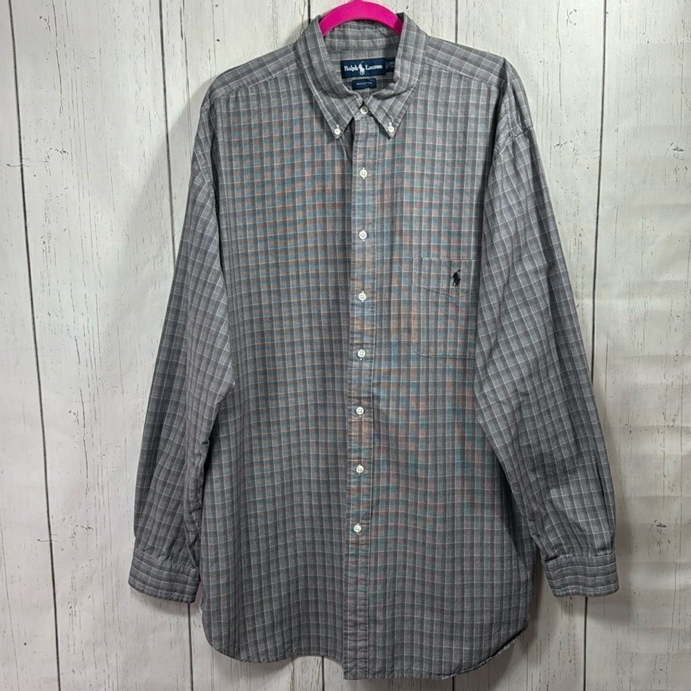 Ralph Lauren Mens Plaid Long Sleeve Cotton Button Down Gray Casual Shirt 2XLT